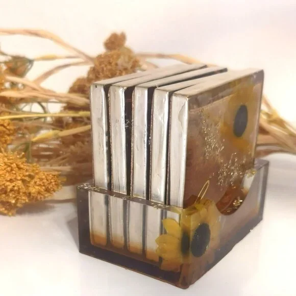 Handmade Resin Sunflower Coaster Set With Holder Inspirational Rustic Farmhouse - Picture 5 of 12